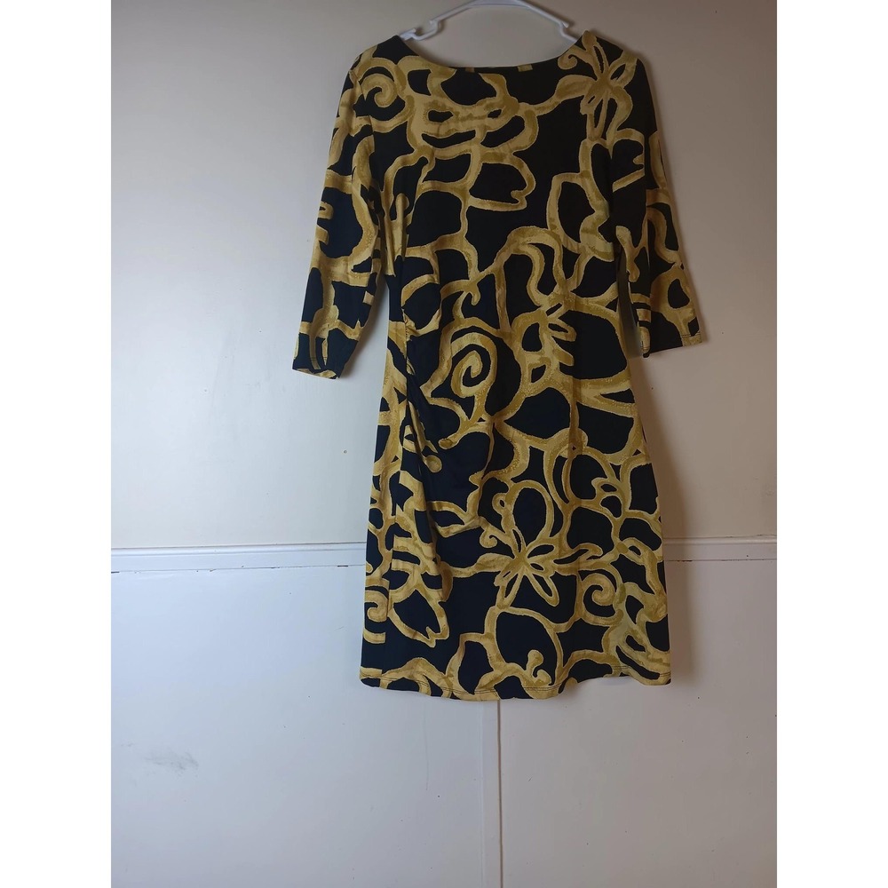 J. McLaughlin Dress Womens M Black Yellow Floral Shift 3/4 Sleeve Jersey Stretch
